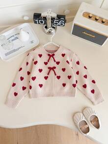 SHEIN Young Girls Cardigans Knit Autumn/Winter Heart Pattern Fitted Round Neck Sweater Jacket - Khaki - View 3