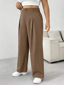 SHEIN PETITE CURVE Plus Size Solid Color Button Casual Wide Leg Pants Graduation,Back To School, - Camel - View 3