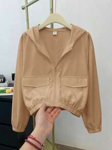 SHEIN Jaket Kasual Longgar Berkerudung untuk Remaja Perempuan, Warna Polos, Bahan Tenun, Dilengkapi Kantong, Cocok untuk Musim Gugur dan Musim Dingin. - Khaki - View 11