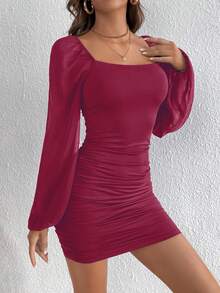 SHEIN Tall Tall Square Neck Lantern Sleeve Ruched Side Bodycon Dress,Business Casual Woman,Autumn/Winter,Tall Women - Red - View 5