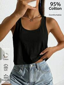 SHEIN EZwear 大尺碼女款休閒黑色布料深U領寬鬆短版背心，適合音樂節、派對 - 黑色 - 查看 1