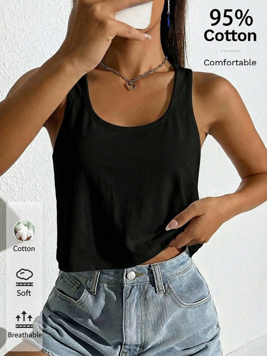 SHEIN EZwear 大尺碼女款休閒黑色布料深U領寬鬆短版背心,適合音樂節、派對 - 黑色 - 查看 1