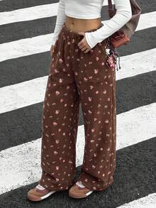 SHEIN 青少年女孩蝴蝶結長款運動長褲，居家與外出日常休閒優雅款，四季皆宜 - 卡其色 - 查看 1