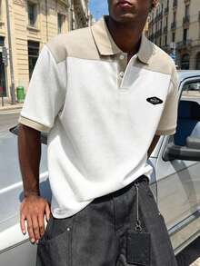 STEELVANCE Men's Knitted Jacquard Solid Color Textured Patchwork Collar And Cuffs Ribbed Large Patchwork Polo Shirt - White - View 4