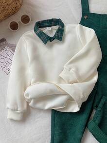 SHEIN Kids Young Boy/Girl, Young Boy 2pcs Autumn/Winter Casual Fashion Sweatshirt Set, POLO Collar Sweatshirt And Green Corduroy Overalls Set, Young Boy Autumn/Winter Clothes, Outfits, Squishy - Green - View 8