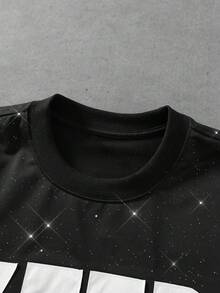 ROMWE MEN Street Life Men's Streetwear Sequin Fashion Embossed Crew Neck T-Shirt For Daily Wear - Black - View 3