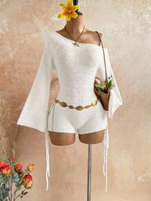 Soleia Women's Vacation Versatile Asymmetrical Shoulder Tie Strap Sweater Romper - White - View 1