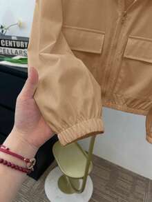 SHEIN Jaket Kasual Longgar Berkerudung untuk Remaja Perempuan, Warna Polos, Bahan Tenun, Dilengkapi Kantong, Cocok untuk Musim Gugur dan Musim Dingin. - Khaki - View 5