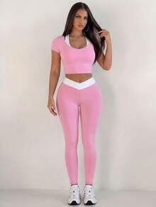 Zolique Women's Colorblock Asymmetric Waist Casual Sports Leggings - Pink - View 3