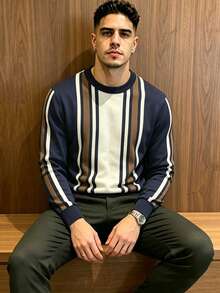 Manfinity Dauomo Men's Colorblock Striped Pullover Sweatshirt - Apricot - View 5