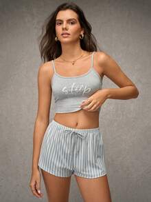 Esseday Conjunto de pijama con estampado de letras y rayas con cintura ajustable, conjunto de pijama para la temporada navideña - Gris Claro - Ver 4