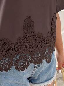 GalTyme Plus Size Women's Solid Color Contrast Lace Short Sleeve Round Neck Versatile Fashion T-Shirt Holiday Brown Summer Casual - Brown - View 6