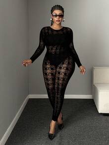 Maweii Women's Plus Size Hollow Out Sheer Fitted Sexy Jumpsuit Fall - Black - View 4