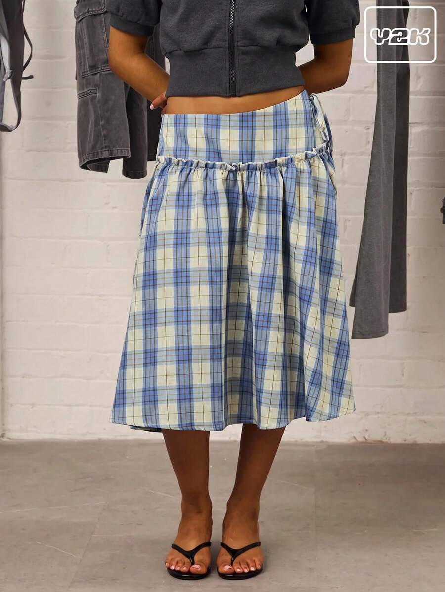COUREZ Heavy Weight Check Drop Waist Midi Skirt /Autumn Fall Women Clothes Y2K Winter Clothes - Multicolor - View 1