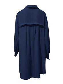 INAWLY Plus Size Women's Solid Color Long Sleeve Single Breasted Loose Casual Long Shirt Fall - Navy Blue - View 6