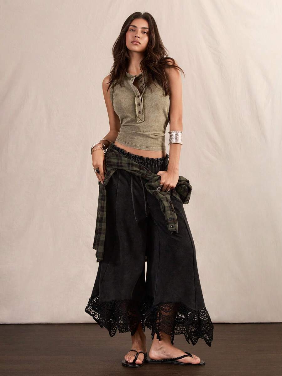 Easelle Vintage Boho Low Waist Lace Patchwork Wide Leg Snow Wash Women's Long Pants Vacation Black Summer - Grey - View 1