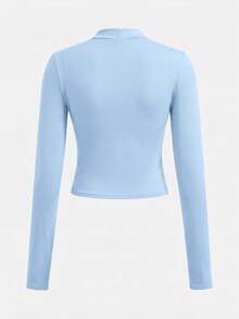SHEIN Tween女孩休閒純色咖啡棕長袖上衣與喇叭褲兩件套 - 藍色 - 查看 5