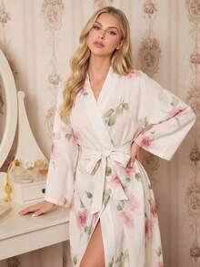 Amorya Floral Print Ruffled Belted Long Sleeve Maxi Length Robe Perfect Summer, Cozy And Elegant Details, Fall & Winter - Multicolor - View 5
