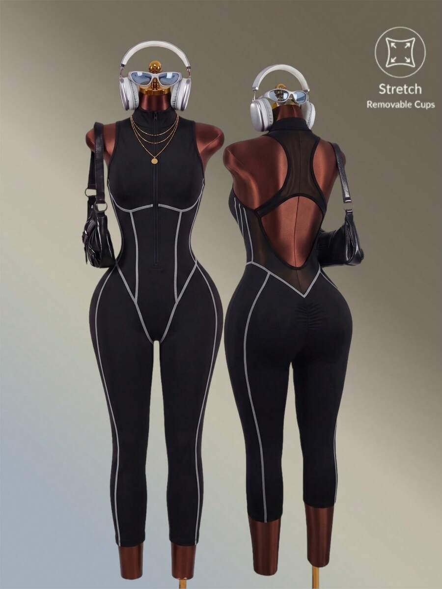 Amplova Women's Zipper Front Back Cutout Design Sports Jumpsuit
