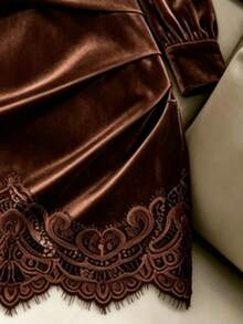 GlowEve Women's Elegant Mature Solid Color Stand Collar Lace Patchwork Dress Dinner Party Dark Brown Autumn - Brown - View 3
