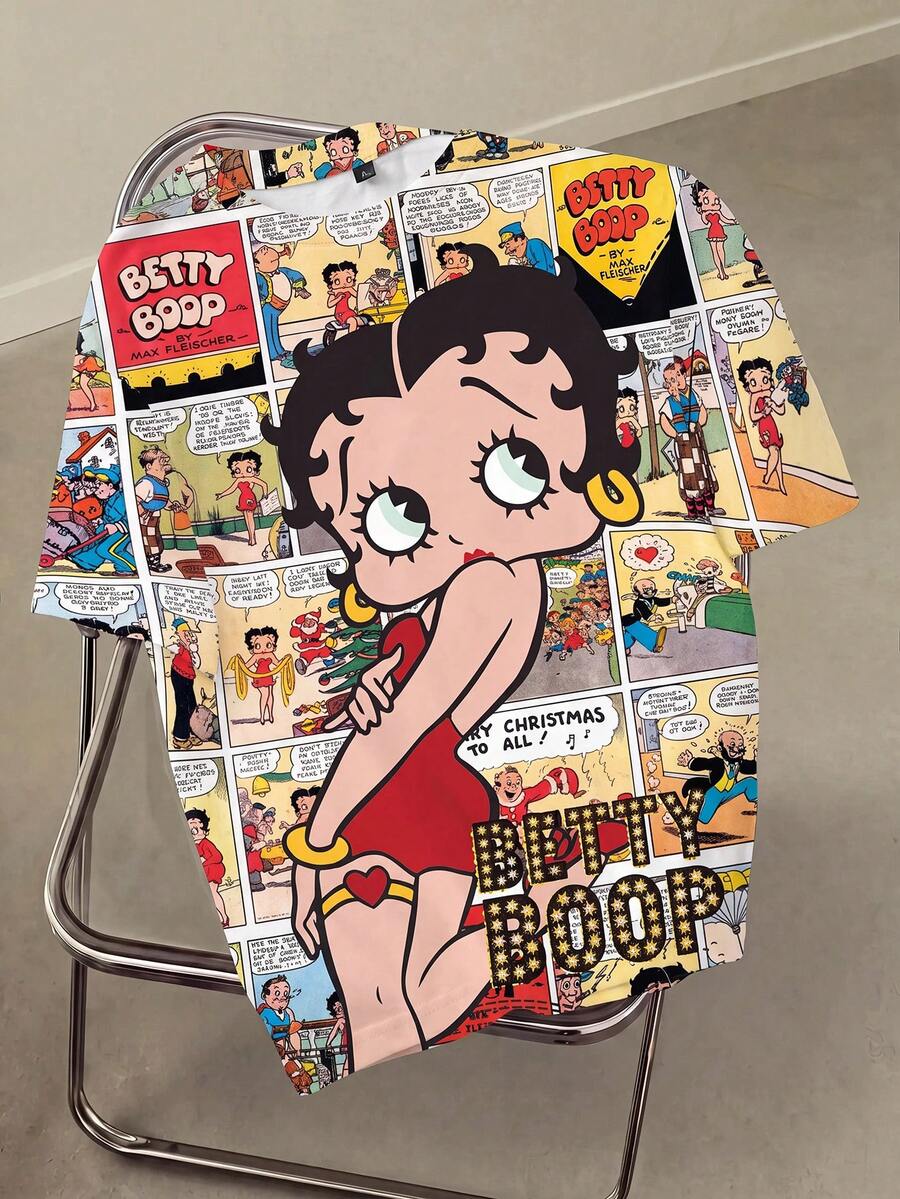 Betty Boop x SHEIN 女款夏季時尚卡通印花滿版T恤 - 白色 - 查看 1