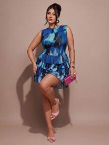 SHEIN BAE Mono sin mangas con volantes multicapa y estampado integral para mujer de talla grande - Azul - Ver 3