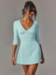 Athîral Women's Casual V-Neck Elastic Mid-Sleeve Backless Short Dress, Date Outfit, Party Outfit, Daily Wear - Teal Blue - View 4