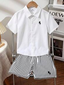 Teen Boy White Short Sleeve Shirt & Striped Shorts Set For Daily Wear, Outdoors, Commuting, Trips, Holidays, Travel, Weddings & Back To School - Black and White - View 5