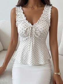 DAZY Women's Summer Polka Dot Allover Print Ruched V-Neck Sleeveless Casual Tank Top - White - View 5