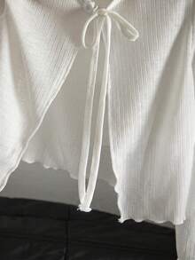 SHEIN Young Girl Young Girl White Knit Winter Cardigan With Frill Trim Autumn - White - View 4