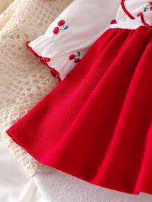 SHEIN Playful Pals Newborn Girls Knitted Ribbed White Ruffle Lace Large Trim Patchwork Waist-Cinched Textured Fabric Dress, Sweet Cute Casual Spring Dress For Kids - Red - View 5