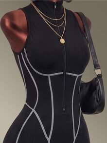 Amplova Women's Zipper Front Back Cutout Design Sports Jumpsuit - Black - View 8
