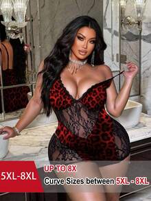 SHEIN CURVE+ 夏季大码性感蕾丝豹纹吊带连体裤 - 紅色 - 查看 1