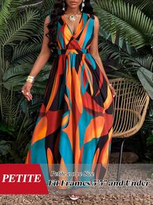 SHEIN PETITE CURVE Plus Size Women V-Neck Ruched Patchwork Casual Elegant Party Dinner Dress Burnt Orange Summer - Orange - View 1