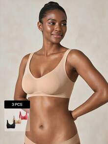 Veilyse 3pcs Set Minimalist Comfortable Sports Bras For Women, Wireless Seamless Solid Color Bras - Multicolor - View 1