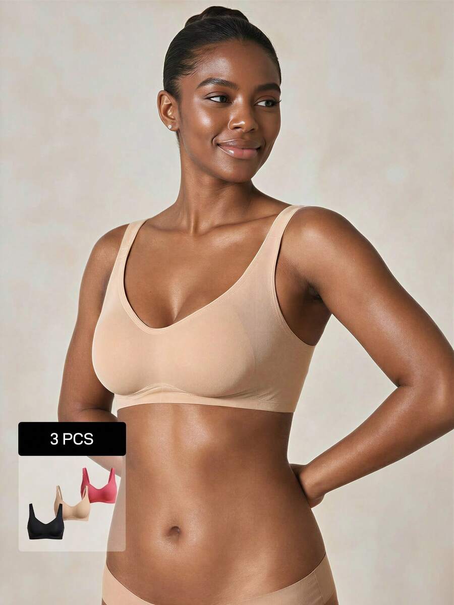 Veilyse 3pcs Set Minimalist Comfortable Sports Bras For Women, Wireless Seamless Solid Color Bras - Multicolor - View 1