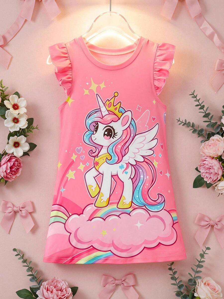 SHEIN Elladie kids 小女孩夏季休閒仙女公主卡通印花洋裝 嬰兒派對 7 歲生日 嬰兒粉色獨角獸生日