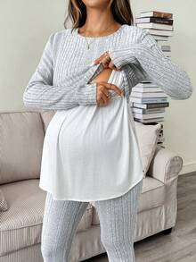 SHEIN 孕婦拼色哺乳長袖上衣可調腰寬鬆休閒褲 2件套 秋季正式居家服 灰色 - 彩色 - 查看 4