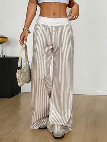 Flirla Women's Striped Patchwork Contrast Color Pants - Apricot - View 4
