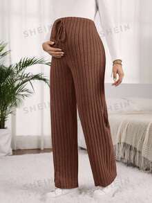 SHEIN 孕妇休闲日常通勤纯色罗纹扭纹可调节腰部直筒裤 - 巧克力棕 - 查看 5