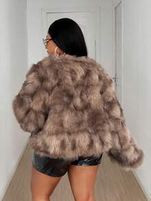 Maweii Women's Fashion French Elegant Old Money Style Luxury Light Brown Tie-Dye Round Neck Short Long Sleeve Faux Fur Coat For Work, Outing, Party, Holiday, Winter, Plus Size - Brown - View 2