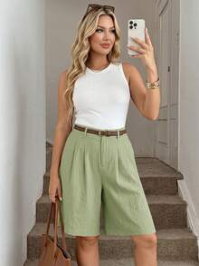 SHEIN LUNE 大尺碼女款純色口袋百褶設計休閒短褲 - 綠色 - 查看 4