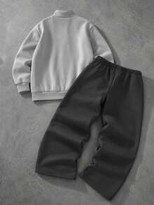 SHEIN 2件組 男士青少年休閒街頭風 白色解構設計立領拉鍊夾克與寬鬆直筒運動長褲套裝，適合休閒酷帥街頭風格帥氣造型 - 灰色 - 查看 2