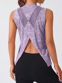 SHEIN Sovereign Charm 女款運動瑜伽戶外健身無袖T恤寬版背心，背面X交叉網布拼接，下擺倒V領設計 - 紫色 - 查看 3
