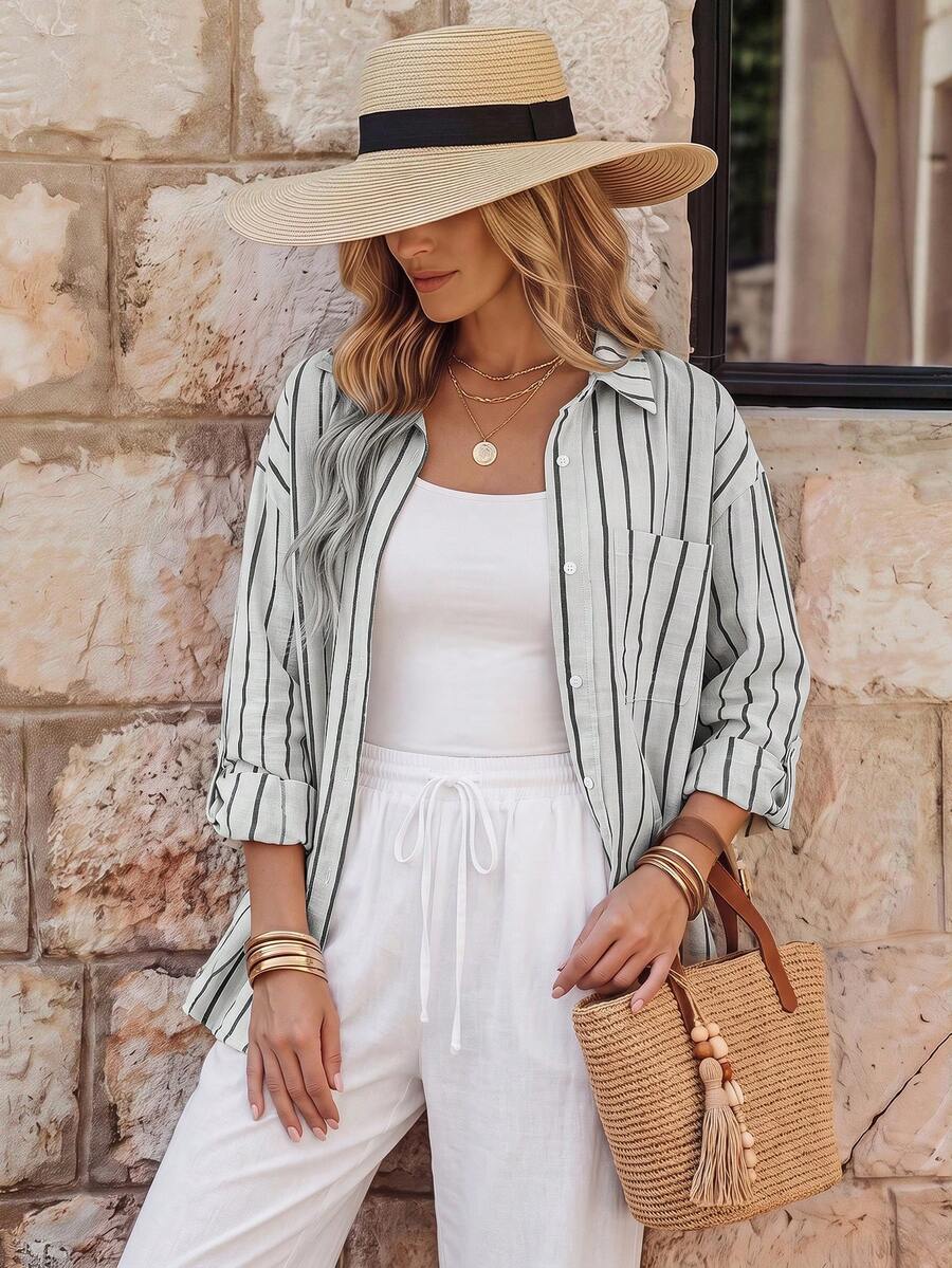 EMERY ROSE Women's Relaxed Casual Striped Long Sleeve Shirt - White - View 1