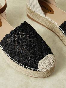 Styleloop Ladies Retro Black Vacation Style Hollow Woven Pull-Up Belt Hemp Rope Platform Shoes - Black - View 3