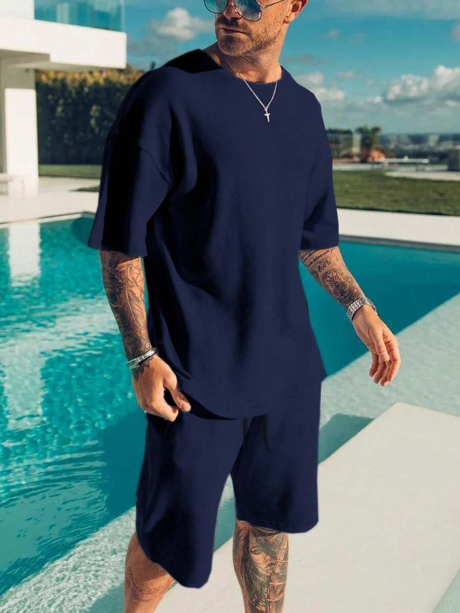 Genlund Loose Fit Men's Solid Color Drop Shoulder T-Shirt & Shorts Set, Cozy Outfits Holiday - Navy Blue - View 1