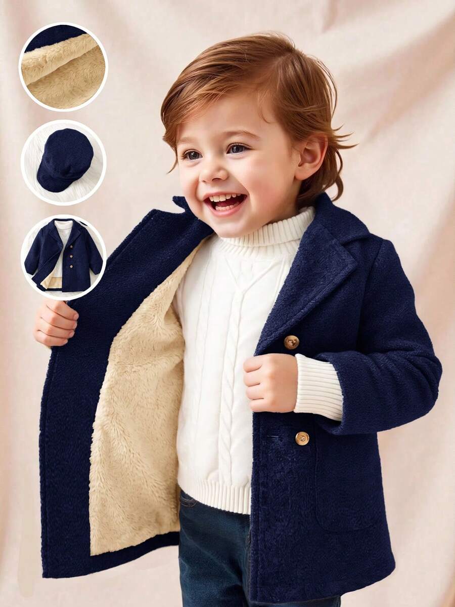 SHEIN 買1送1 嬰兒男/女童 2件組 加厚灰色抓絨秋季外套夾克附帽子,黑色填充絎縫冬季低調款,戶外滑雪日常穿著 - 藏蓝色 - 查看 1