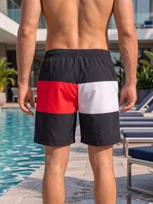 Manfinity Swimmode 男士對比色抽繩腰鬆身沙灘短褲，夏季度假風 - 黑與白 - 查看 5