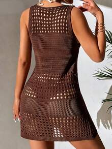 Xyvia 女款度假風鉤編鏤空無袖針織上衣 - 咖啡棕 - 查看 2